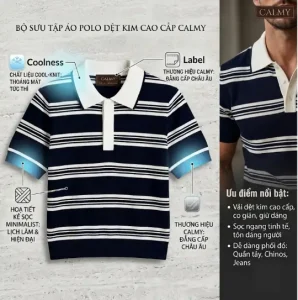 Áo polo dệt kim nam cao cấp Calmy họa tiết sọc ngang lịch lãm