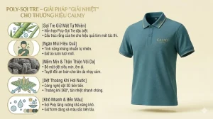 áo polo nam Cotton Compact Calmy màu xanh lục cao cấp, minh họa các tính năng vượt trội bao gồm sợi compact đan chặt bền bỉ, khả năng giữ form dáng, chống xù lông hiệu quả và công nghệ vải thoáng khí mát mẻ