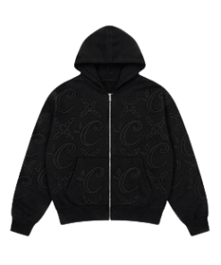Áo khoác zip Calmy Monogram màu đen, họa tiết monogram sang trọng, phong cách thời trang tối giản dành cho giới trẻ.