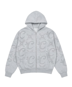 Áo khoác zip Calmy Monogram màu xám, họa tiết monogram sang trọng, thiết kế tối giản dành cho phong cách thời trang trẻ trung.