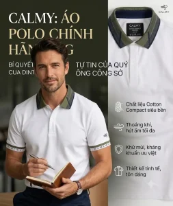Người mẫu nam mặc áo polo chính hãng Calmy màu trắng phối cổ màu xanh rêu sang trọng, thiết kế dành cho quý ông công sở, chất liệu cotton cao cấp.
