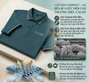 Áo polo Cotton Compact thương hiệu Calmy màu xanh đen, thể hiện tính năng bền bỉ vượt trội, sợi compact đan chặt chống sờn rách, giữ form dáng co rút tốt và công nghệ thoáng khí mát mẻ.