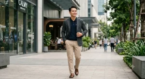 Phối áo polo nam với áo khoác và quần tây kem thanh lịch xuống phố