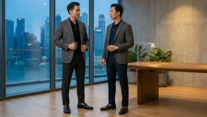 Phong cách doanh nhân lịch lãm với áo khoác blazer xám phối cùng áo polo nam màu xanh navy