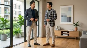 Cách phối áo polo trơn cùng áo khoác blazer caro thời thượng và quần âu sáng màu lịch lãm
