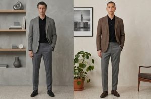 Quý ông thành thị diện áo khoác blazer tuýt si cổ điển phối cùng áo polo đen và quần tây xám sành điệu