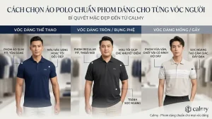 Hướng dẫn cách chọn áo polo chuẩn phom dáng cho từng vóc người với hình ảnh minh họa 3 nam giới có vóc dáng khác nhau mặc áo polo Calmy vừa vặn, lịch lãm.