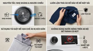 Mẹo giặt máy chuẩn khoa học giúp tránh giãn cổ áo bằng cách lộn trái dùng túi giặt và nước dưới 40 độ