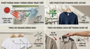 Cách phơi áo thông minh ở nơi thoáng mát và gập ngang qua móc để tránh làm chảy xệ vai áo