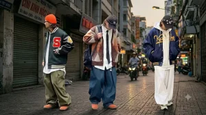  Phông cách streetwear hiện đại với phong cách rộng rãi, năng động trên phố.
