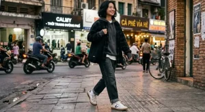 Giày sneaker dáng classic màu trung tính phối đồ streetwear hiện đại, sạch sẽ và chỉn chu.