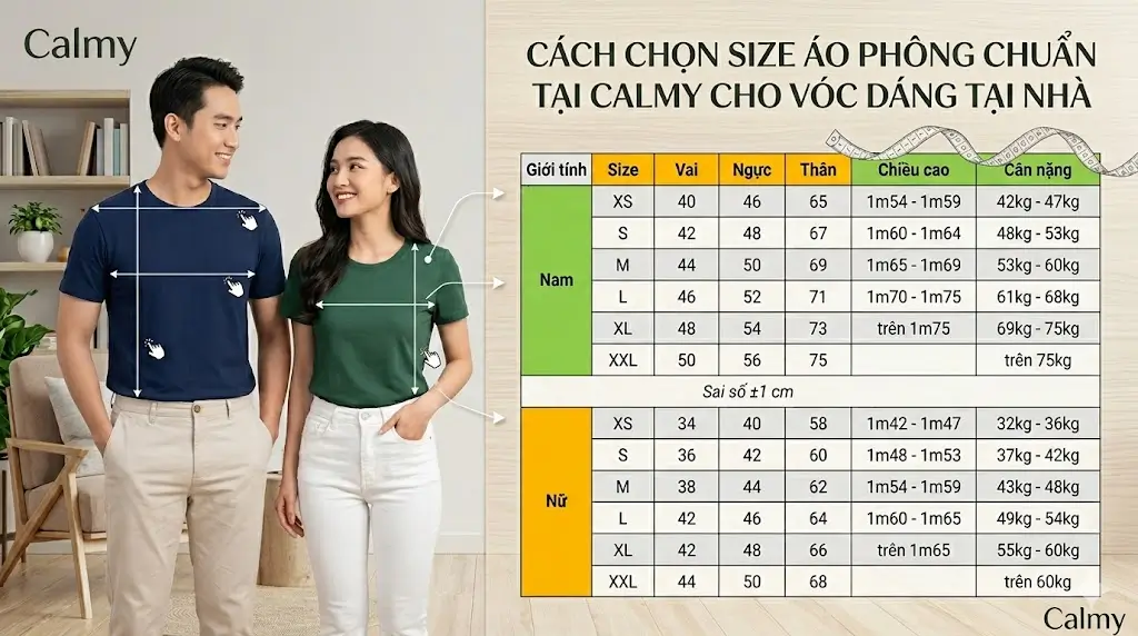 Bảng thông số chọn size áo phông chuẩn tại Calmy cho vóc dáng hoàn hảo, đúc kết từ 40 năm kinh nghiệm may mặc.