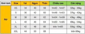Bảng thông số hướng dẫn cách chọn size áo nữ chuẩn tại Calmy cho vóc dáng hoàn hảo.